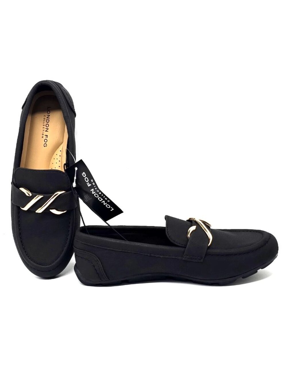 London Fog Mindee Black Loafers Gold Hardware Slip-on Flats Women's Size 5.5M